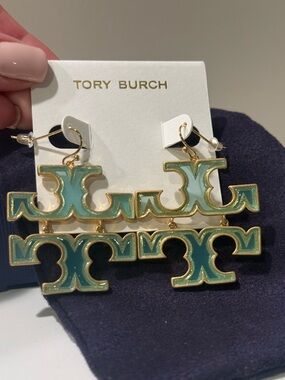 Tory Burch Britton Hinged Green Double T Logo Drop Earrings Approximately 2” New